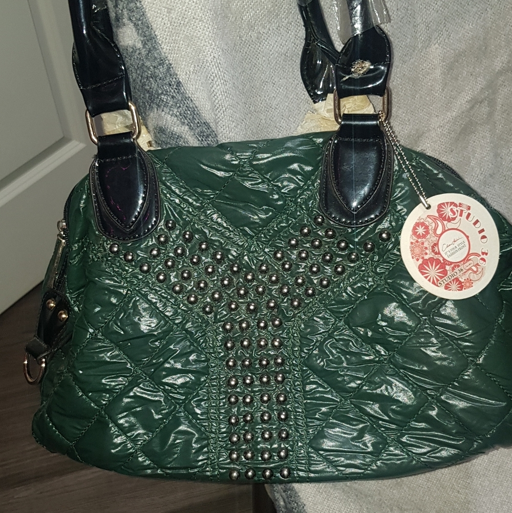 Quilted Emerald Green Studded Shoulder Bag